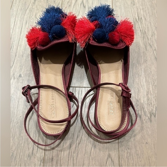 Asos Red and Blue Pom Pom Ballet Strappy Flats/Size 7 - Picture 7 of 7